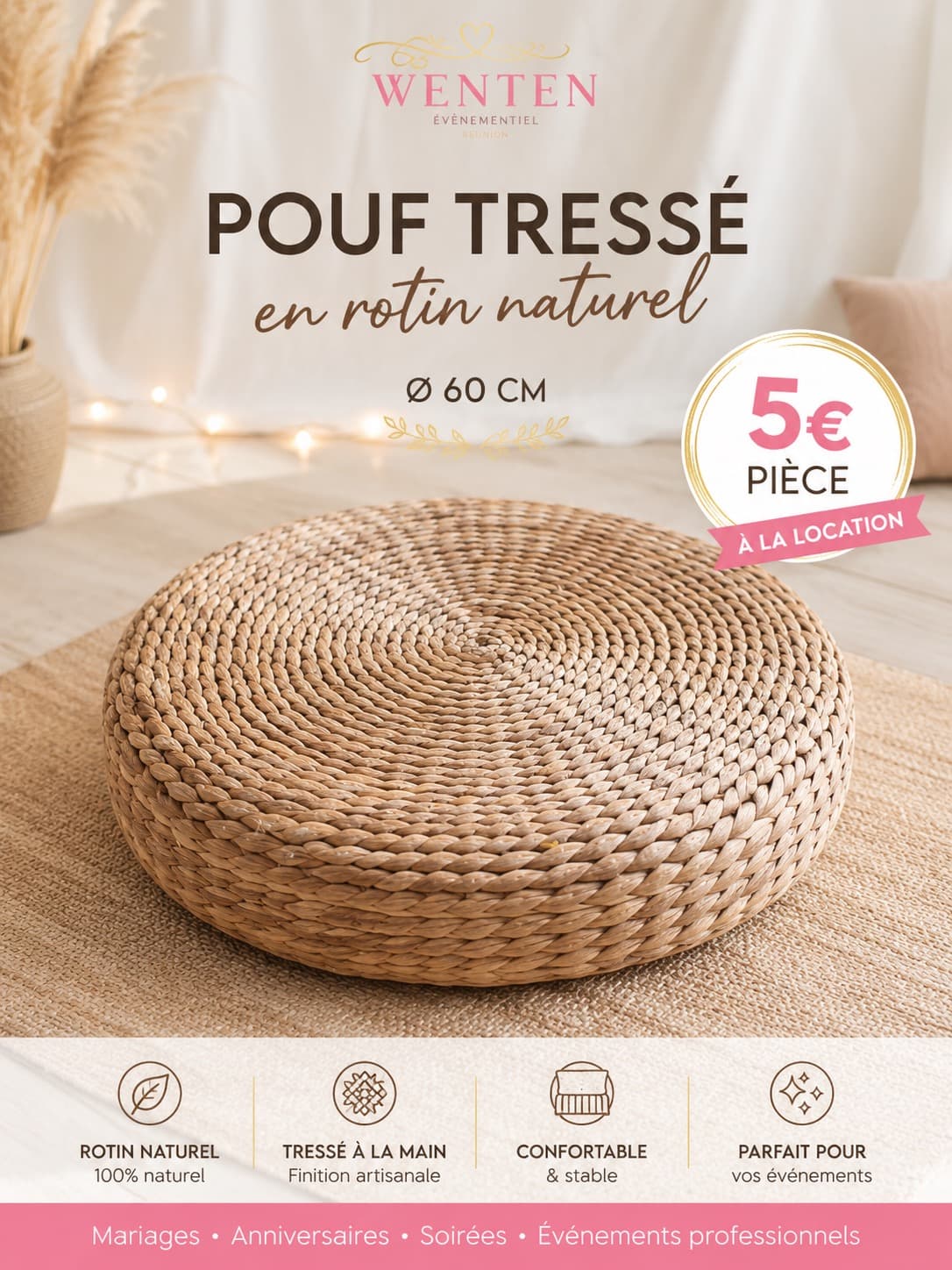 Pouf tressé en rotin naturel
